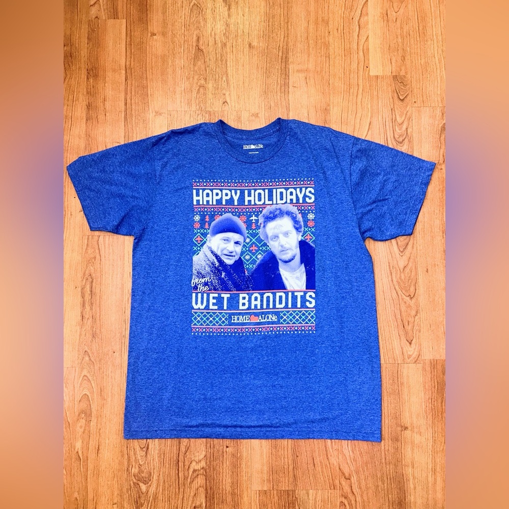 Home Alone “Happy Holidays Wet Bandits” Ugly Christmas T Shirt Blue Size XL